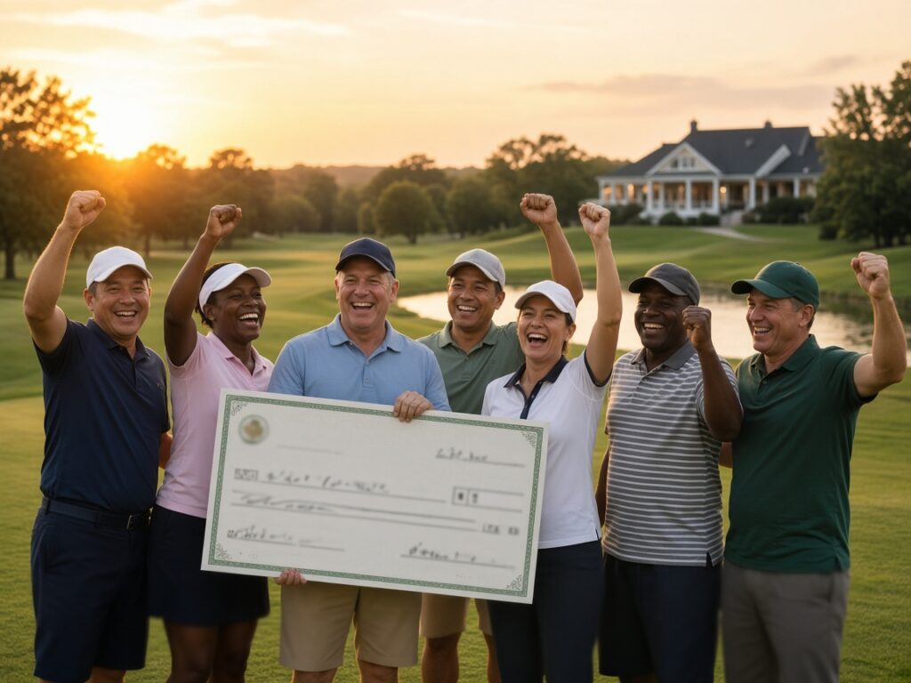 Golfers celebrating on the course at sunset after the Big Ryan Classic