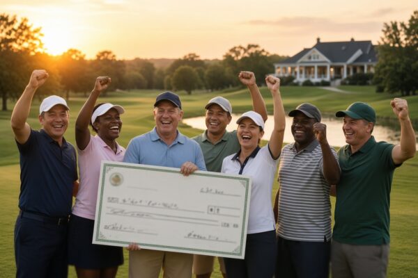 Golfers celebrating on the course at sunset after the Big Ryan Classic