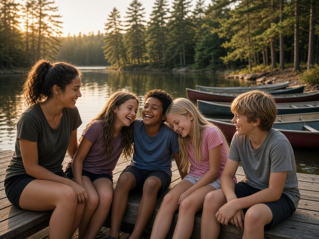 Children laughing together on a lakeside dock at summer camp