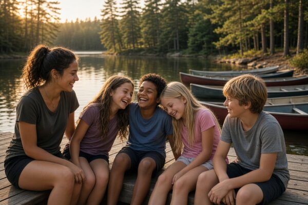 Children laughing together on a lakeside dock at summer camp